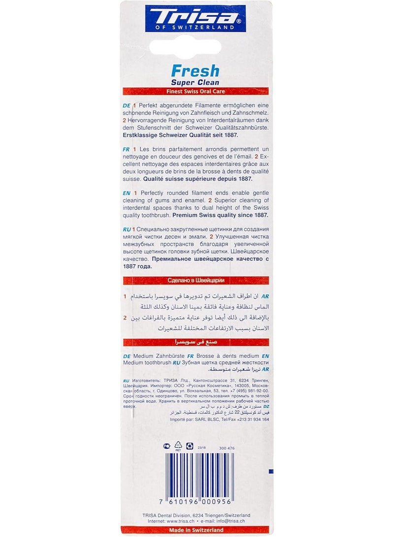Trisa Fresh Super Clean Medium Adult Toothbrush With Travel Cap, Swiss Made, Finest Swiss Oral Care, Perfectly Rounded Filament Ends, Assortment Pack of 3. - Image 2